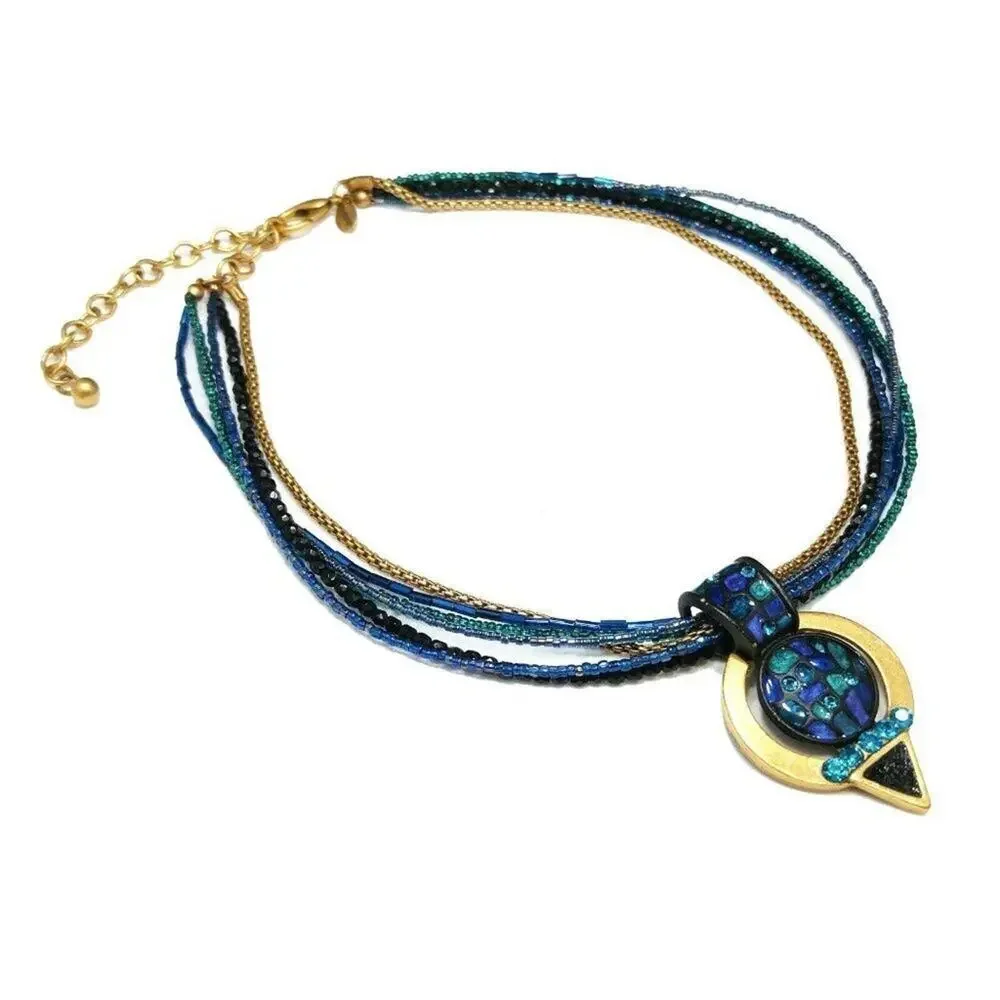 Chico's Teal Blue Beaded Necklace, Rhinestone Enamel Pendant, Five Strands, 20